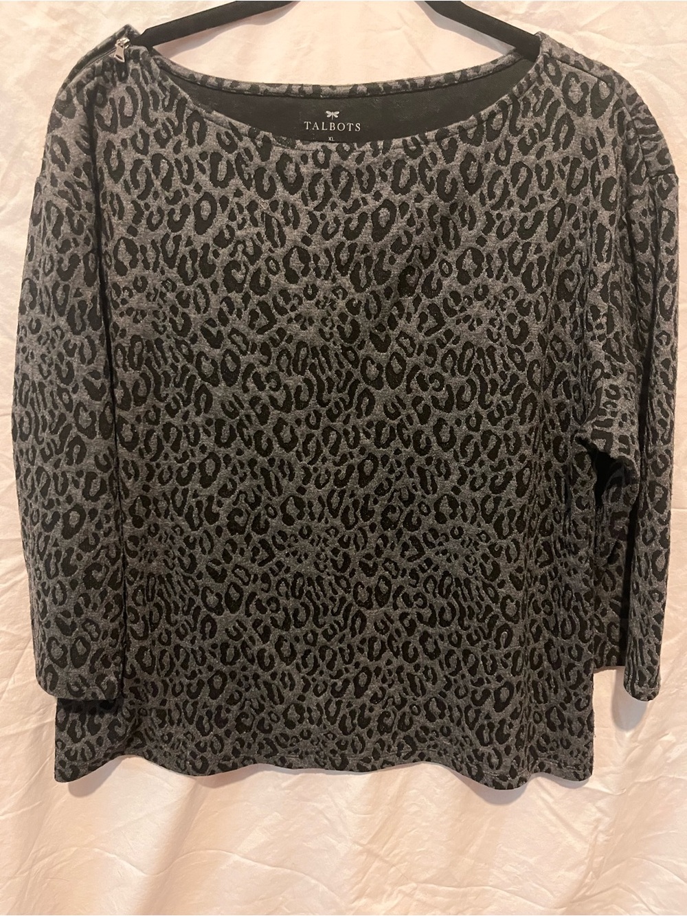 Talbots Black and Gray Leopard-Print Long Sleeve Knit Top